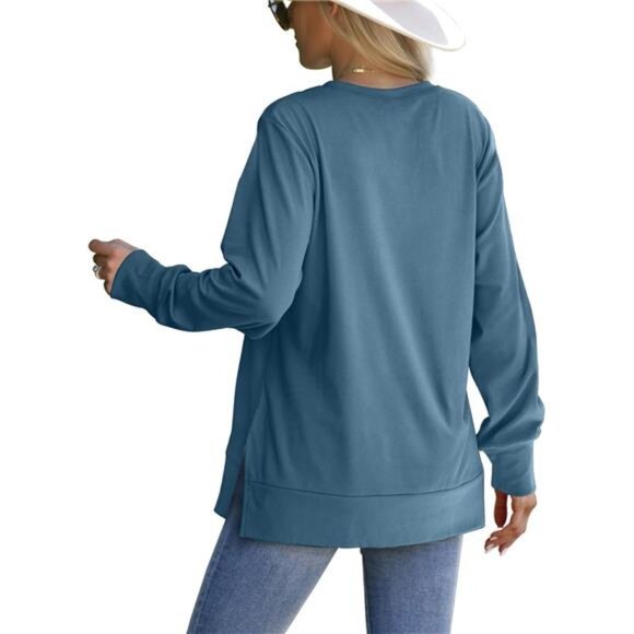 Side Split Hem Sweatshirt – Trendy Long Sleeve Relaxed Fit Top - Picture 3 of 4